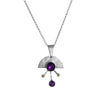 Contemporary sterling silver pendant necklace featuring a 8mm and 5mm purple amethysts set in 14k gold with additional 14K gold elements.  18” chain with 2” extender. 