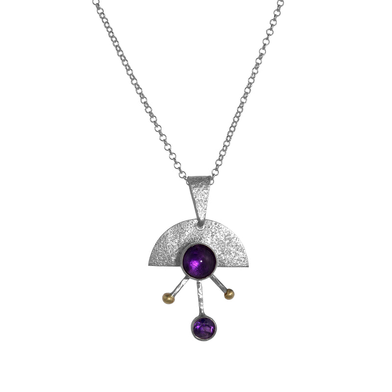 Contemporary sterling silver pendant necklace featuring a 8mm and 5mm purple amethysts set in 14k gold with additional 14K gold elements.  18” chain with 2” extender. 