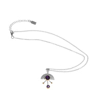 Contemporary sterling silver pendant necklace featuring a 8mm and 5mm purple amethysts set in 14k gold with additional 14K gold elements.  18” chain with 2” extender. 