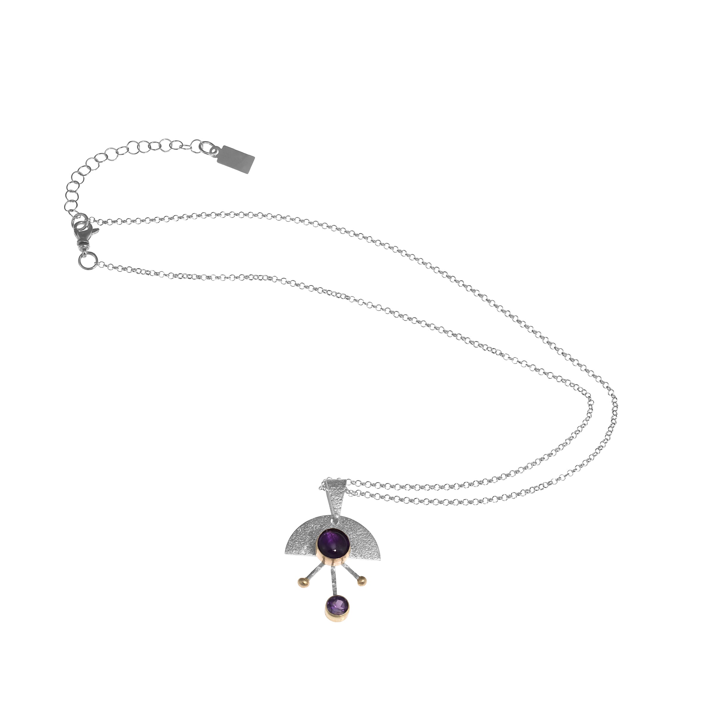 Contemporary sterling silver pendant necklace featuring a 8mm and 5mm purple amethysts set in 14k gold with additional 14K gold elements.  18” chain with 2” extender. 