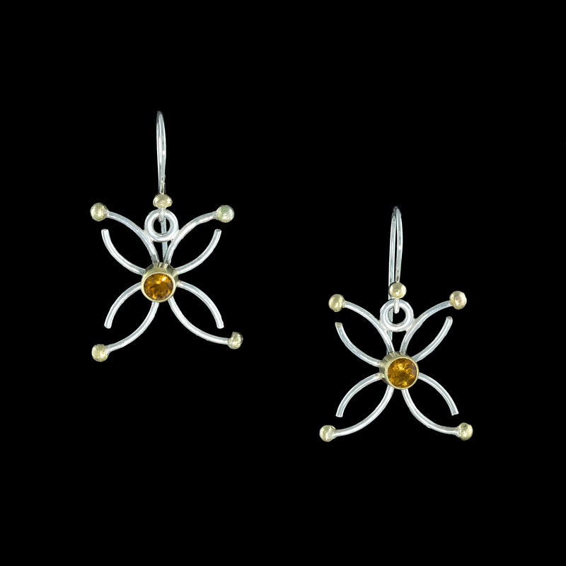 Artisan dangle earrings, hand fabricated in sterling silver with 18K gold elements and a 4mm golden citrine set in 18K gold.