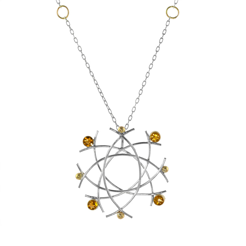 Van Gogh inspired pendant necklace, handcrafted in sterling silver and accented with golden citrines and 18K gold elements and bezels.  Sterling silver chain with 18K gold rings.