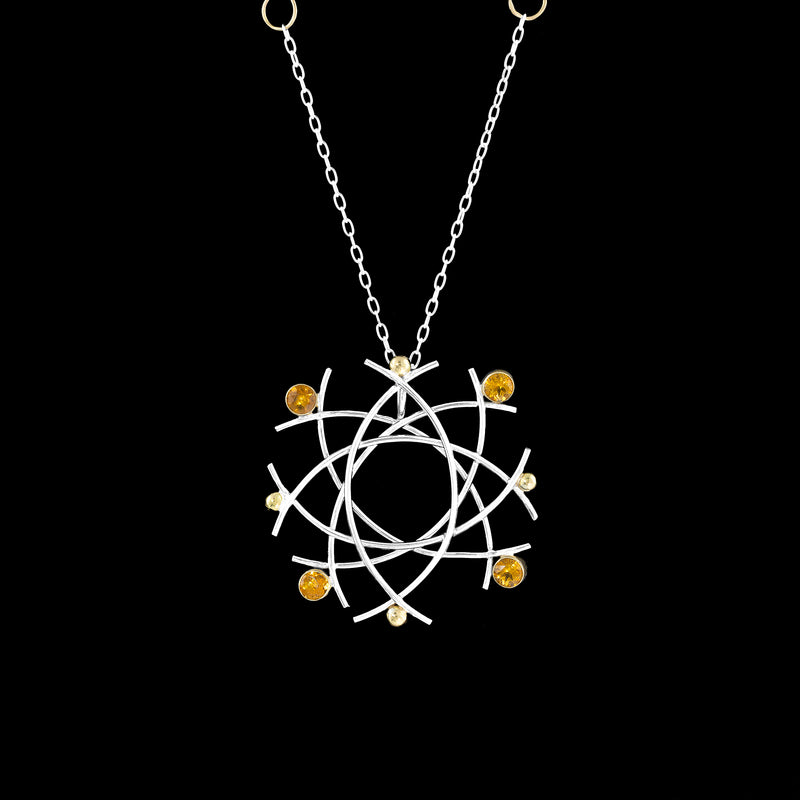 Van Gogh inspired pendant necklace, handcrafted in sterling silver and accented with golden citrines and 18K gold elements and bezels.  Sterling silver chain with 18K gold rings.