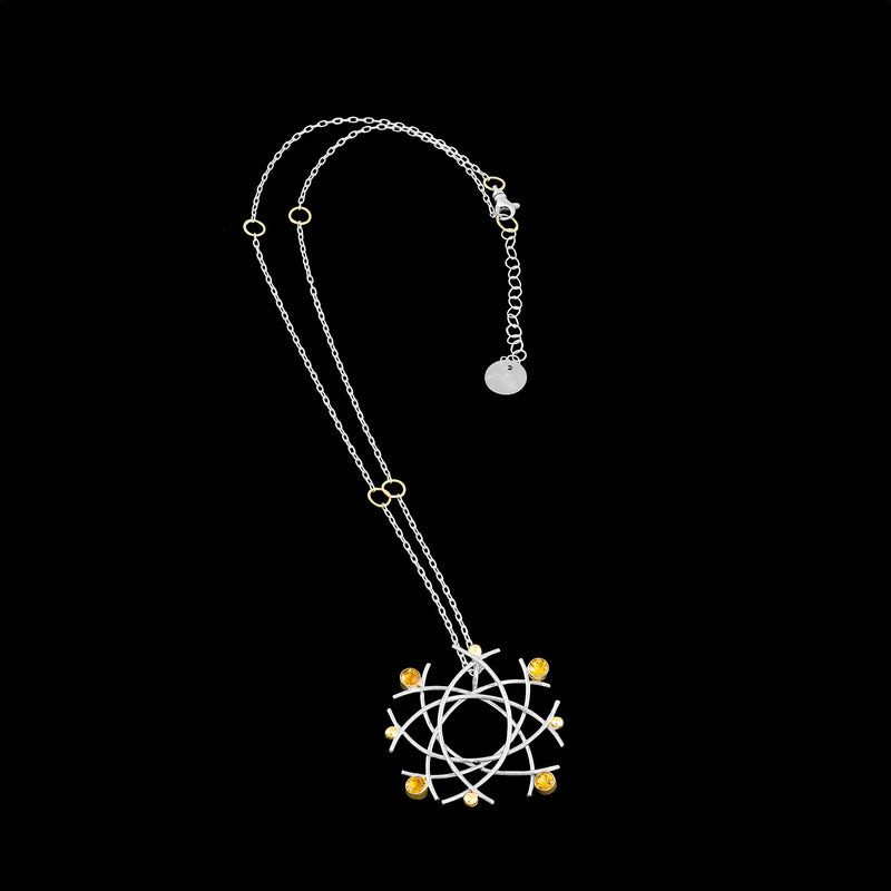 Van Gogh inspired pendant necklace, handcrafted in sterling silver and accented with golden citrines and 18K gold elements and bezels.  Sterling silver chain with 18K gold rings.