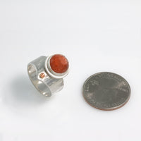 Unique statement ring, handcrafted from Argentium sterling silver and highlighted by a 10mm Oregon sunstone and a rose gold ball.