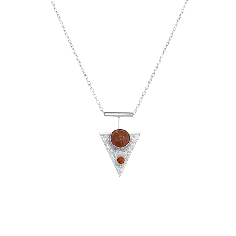 Contemporary-design sterling silver pendant necklace featuring a 10mm Oregon sunstone and a 4mm Mexican fire opal.
