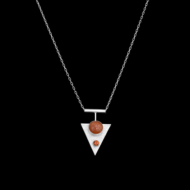 Contemporary-design sterling silver pendant necklace featuring a 10mm Oregon sunstone and a 4mm Mexican fire opal. 