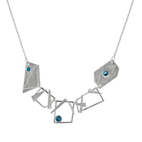 Trapezoid design statement necklace, hand fabricated from Argentium and sterling silver highlighted with London blue topaz stones.  Sterling silver rolo chain. 