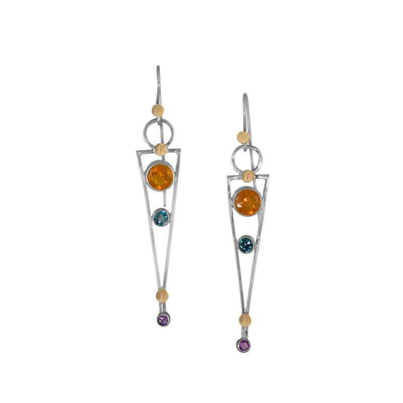 Modern, triangular earrings, hand-fabricated from sterling silver with 14k gold elements and featuring 7mm Oregon fire opals, 4mm London blue topaz and 3mm amethysts.