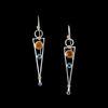 Modern, triangular earrings, hand-fabricated from sterling silver with 14k gold elements and featuring 7mm Oregon fire opals, 4mm London blue topaz and 3mm amethysts.
