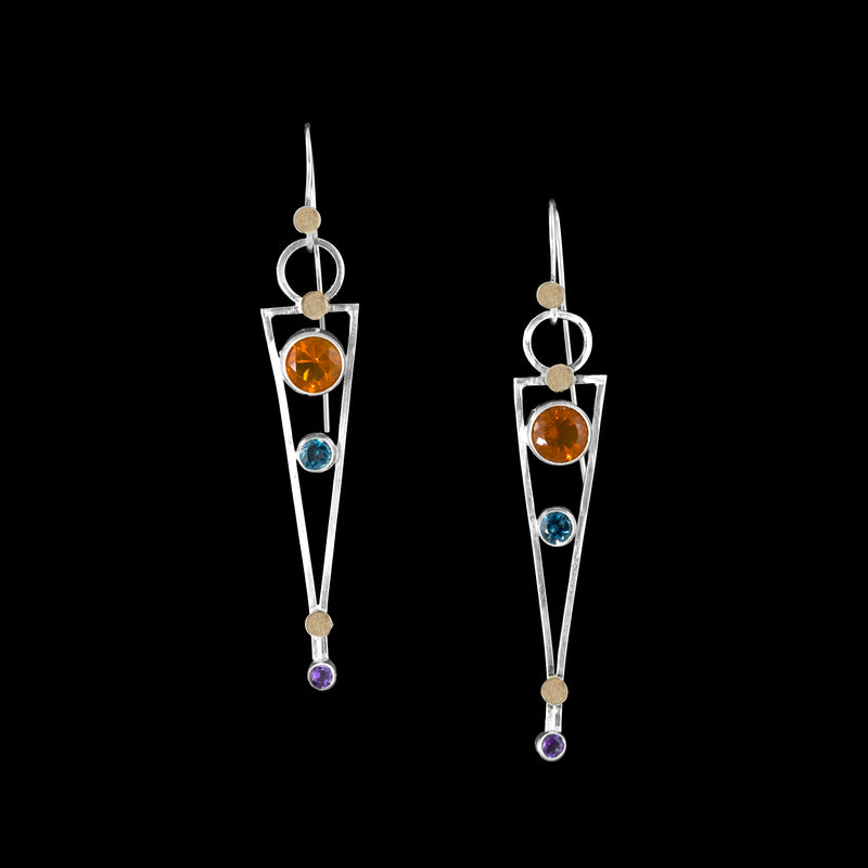 Modern, triangular earrings, hand-fabricated from sterling silver with 14k gold elements and featuring 7mm Oregon fire opals, 4mm London blue topaz and 3mm amethysts.