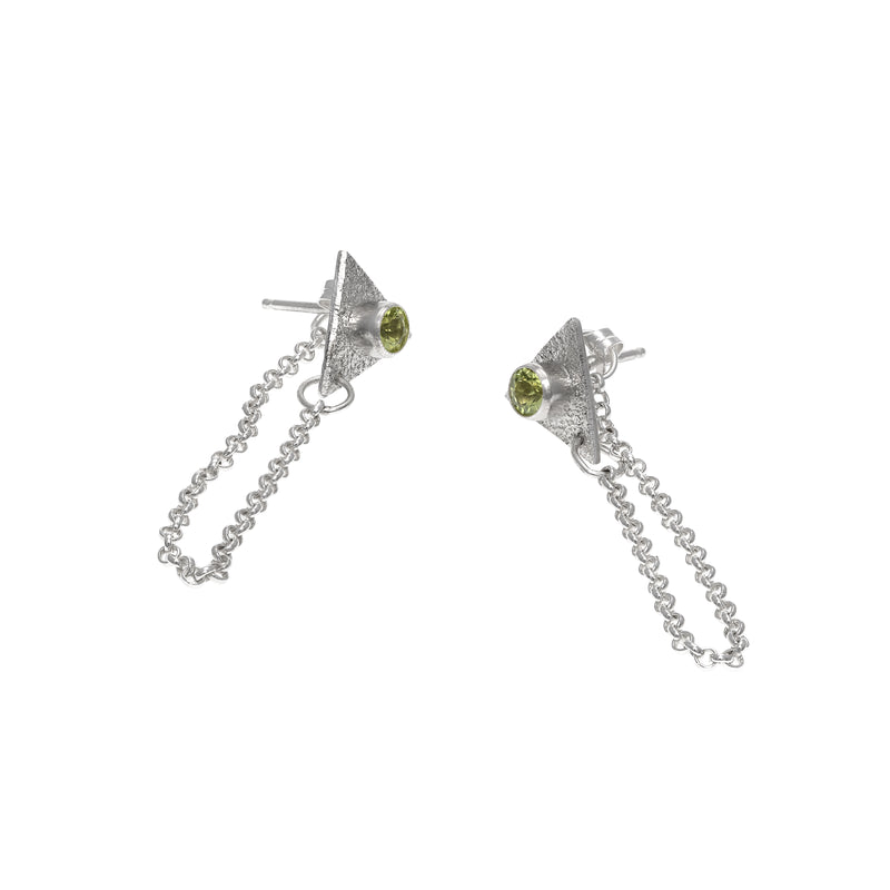 Hand-fabricated dangle earrings in sterling silver with 4mm green peridots.