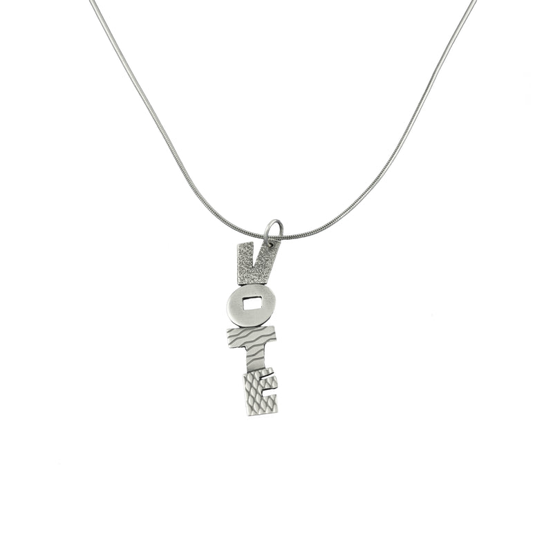 VOTE pendant, handcrafted from sterling silver and hung on a sterling silver snake chain.  Vertical patterned finish shown.