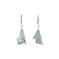 Oxidized argentium sterling silver and 18K gold earrings with asymmetric geometric styling.