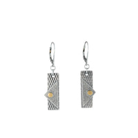 Oxidized argentium sterling silver and 18K gold earrings with contemporary geometric styling.