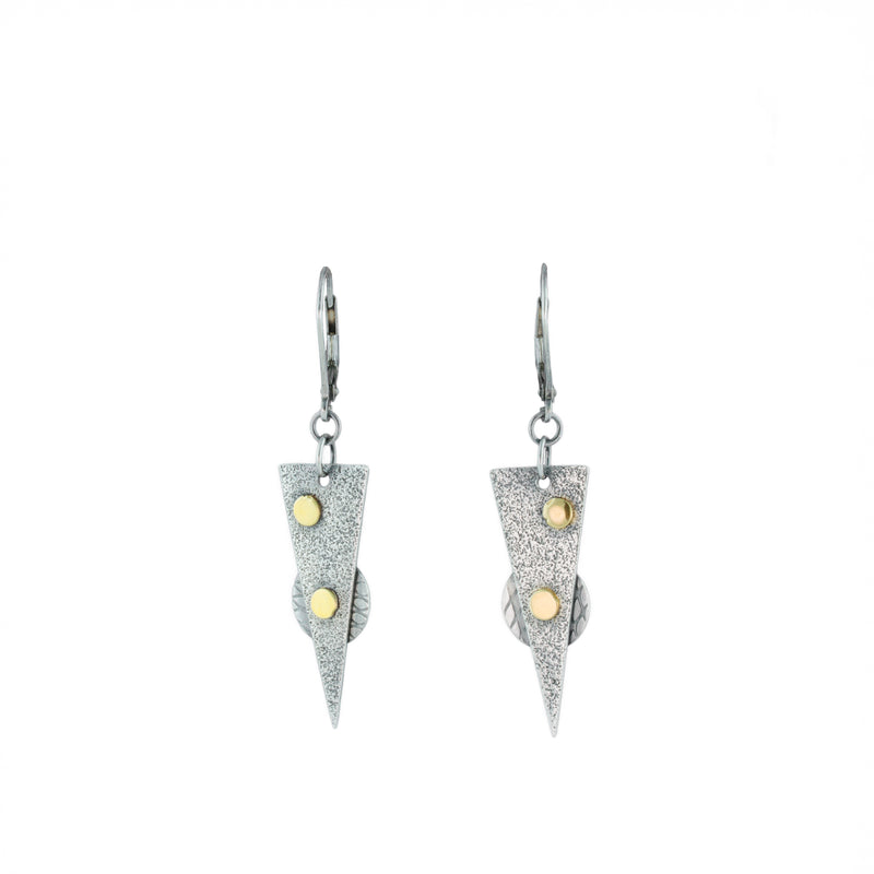 Oxidized argentium sterling silver and 18K gold earrings with contemporary geometric styling.