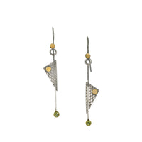 Contemporary, asymmetric earrings with geometric styling.  Handcrafted in argentium sterling silver with 18K gold accents and peridots (August birthstone).  Sterling silver ear wires.