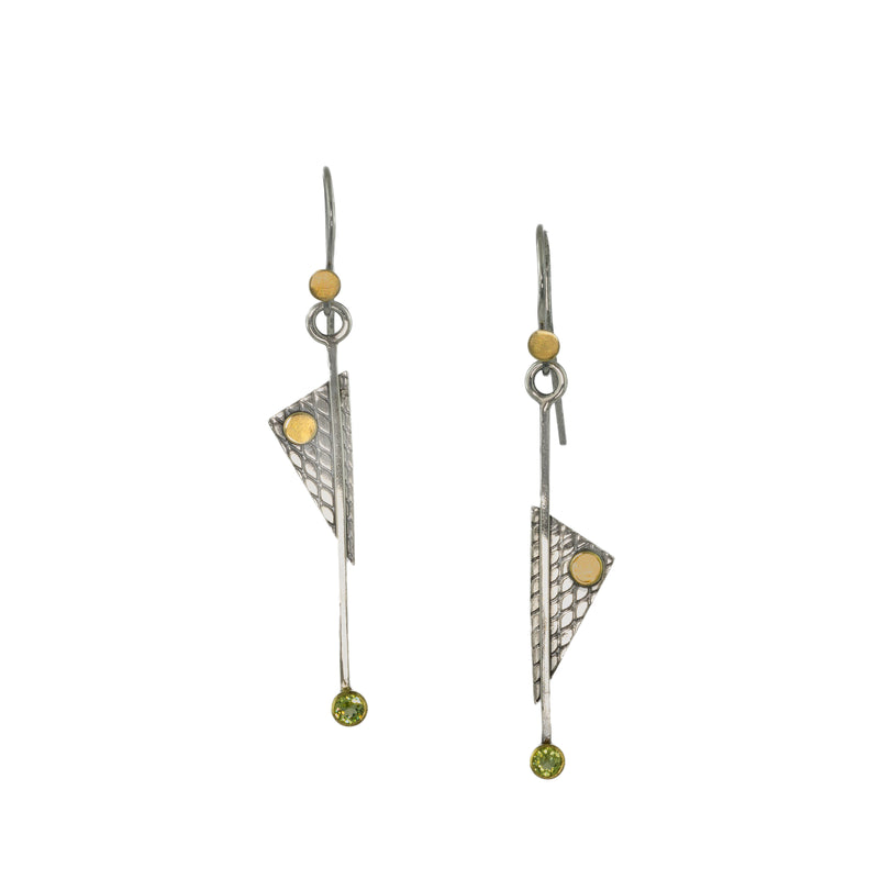 Contemporary, asymmetric earrings with geometric styling.  Handcrafted in argentium sterling silver with 18K gold accents and peridots (August birthstone).  Sterling silver ear wires.