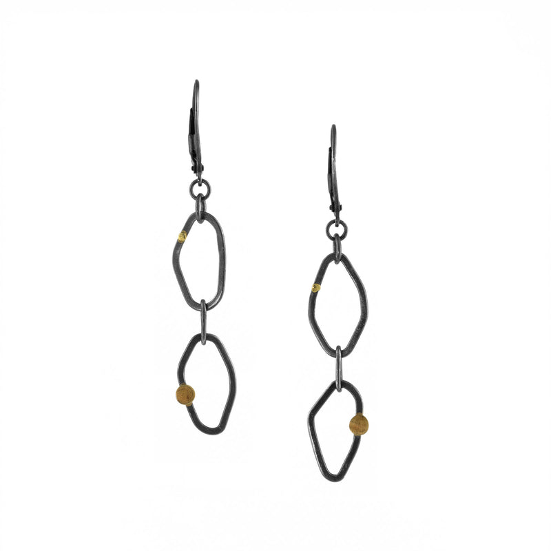 Contemporary, dangle earrings, handcrafted from oxidized Argentium sterling silver and 18K gold elements.  Lever-back ear wires.