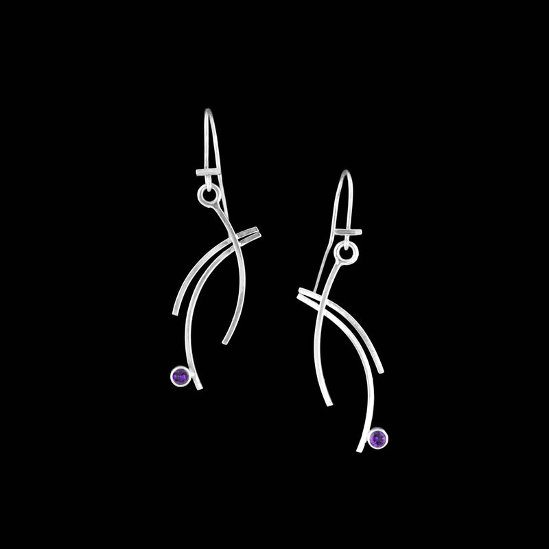 Contemporary design, dangle earrings handcrafted from Argentium sterling silver and set with purple amethysts (February birthstone). 