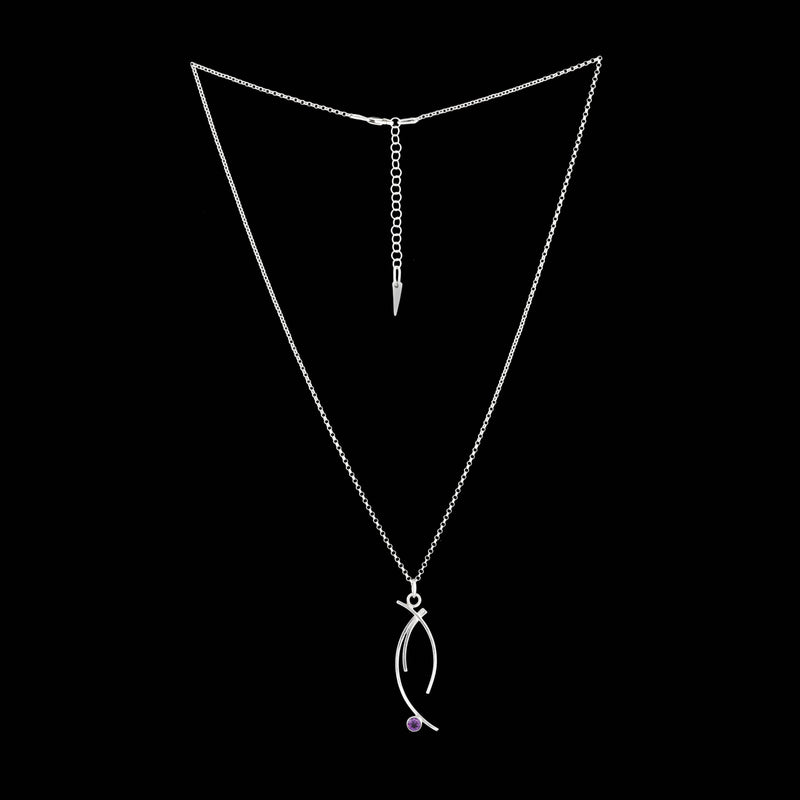 Contemporary design, pendant necklace handcrafted from Argentium sterling silver and set with a purple amethyst (February birthstone).  Sterling silver chain.