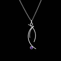 Contemporary design, pendant necklace handcrafted from Argentium sterling silver and set with a purple amethyst (February birthstone).  Sterling silver chain.