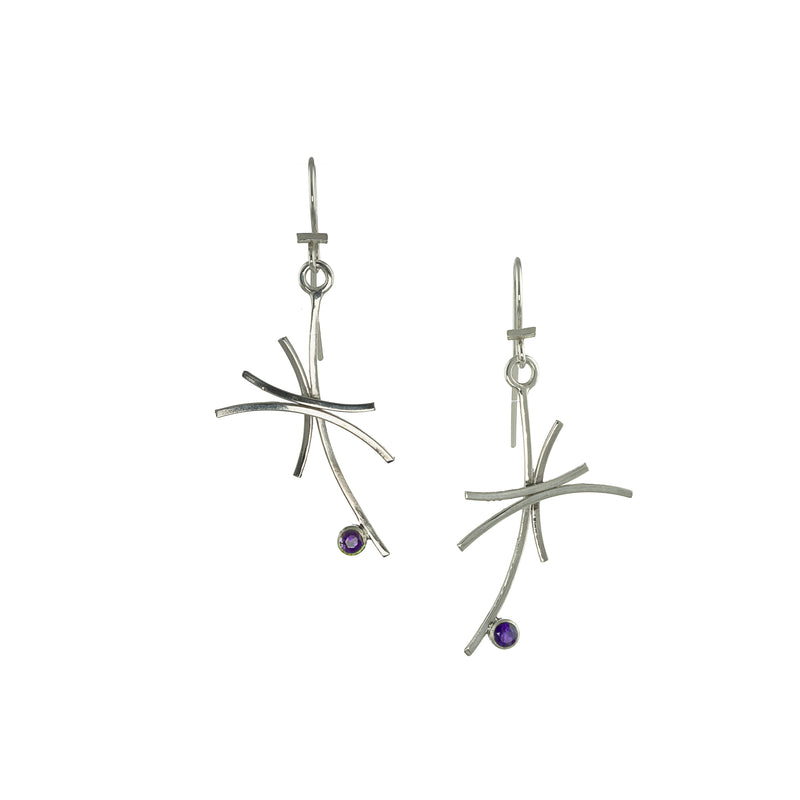 Contemporary design dangle earrings, handcrafted in Argentium sterling silver and set with blue-purple iolites.