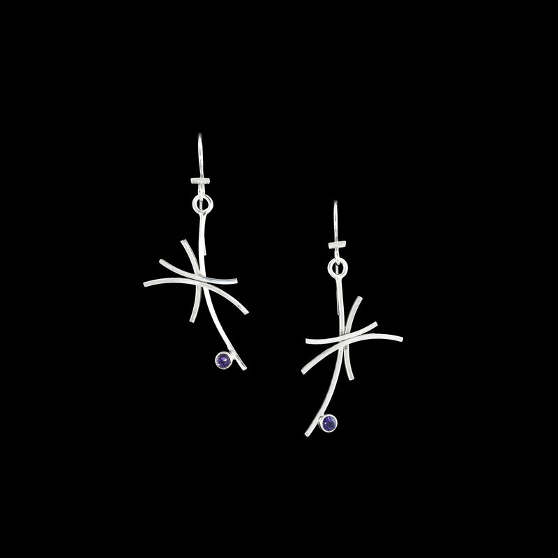 Contemporary design dangle earrings, handcrafted in Argentium sterling silver and set with blue-purple iolites.