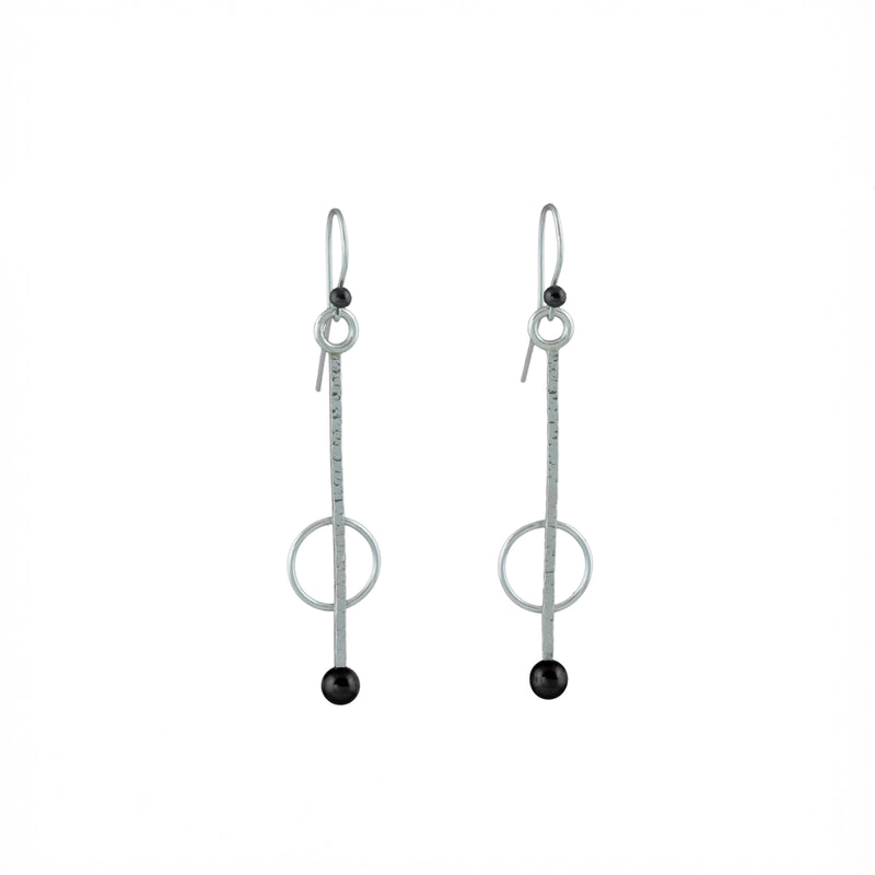 Contemporary dangle earrings, handcrafted in Argentium sterling silver with oxidized silver ball elements and black freshwater pearls.  Sterling silver ear wires.