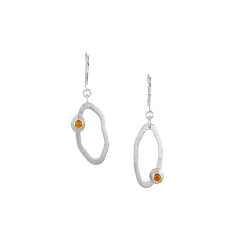 Handcrafted dangle earrings in Argentium sterling silver set with yellow citrines.  Sterling silver lever back ear wires.