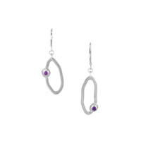 Handcrafted dangle earrings in Argentium sterling silver set with purple amethyst stones.  Sterling silver lever back ear wires.