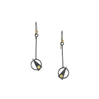 Contemporary design drop earrings, handcrafted with lightly oxidized Argentium sterling silver and 18K gold elements.