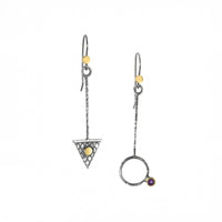 Contemporary asymmetrical earrings, handcrafted from oxidized Argentium sterling silver with 18K gold elements and amethysts set in 18K gold.