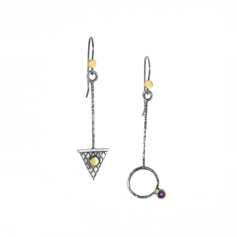 Contemporary asymmetrical earrings, handcrafted from oxidized Argentium sterling silver with 18K gold elements and amethysts set in 18K gold.