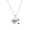 Modern geometric design pendant necklace, handcrafted from oxidized Argentium and sterling silver with 18K gold highlights and a purple amethyst set in an 18K gold bezel.