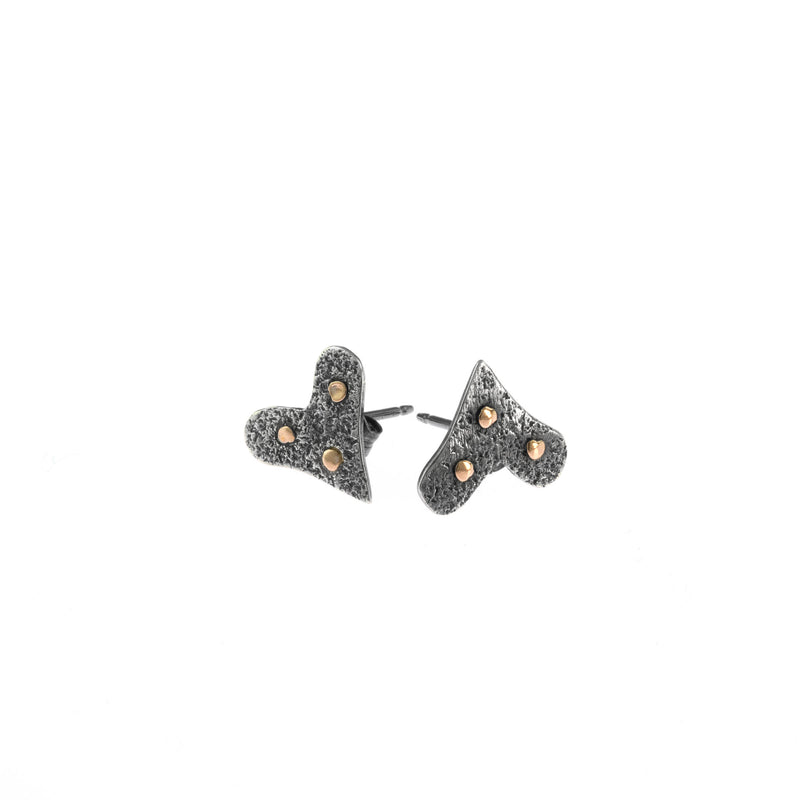 Handmade heart-shaped post earrings in sterling silver with 18K gold accent dots.  Sterling silver posts and backs.