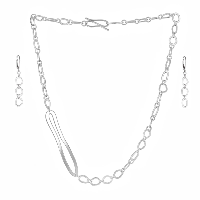 Contemporary, asymmetrical chain necklace, handcrafted from Argentium sterling silver.  Shown with matching earrings.