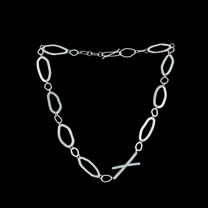 Contemporary, asymmetrical chain necklace, handcrafted in Argentium sterling silver.