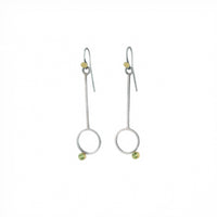 Geometric design earrings, handcrafted from Argentium sterling silver, green peridots and 18K gold accents and bezels.