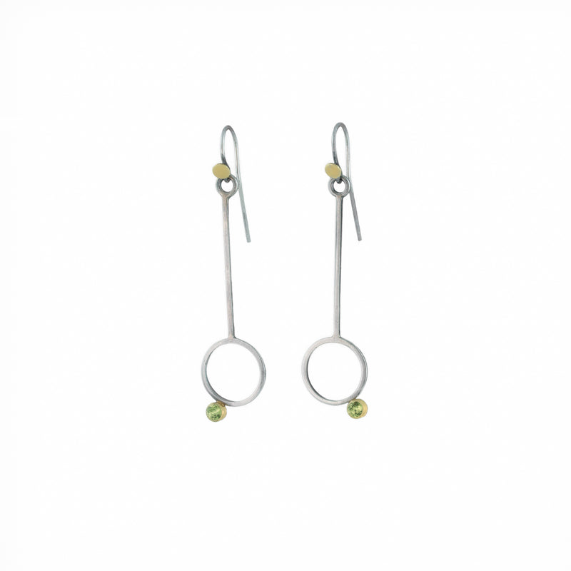 Geometric design earrings, handcrafted from Argentium sterling silver, green peridots and 18K gold accents and bezels.