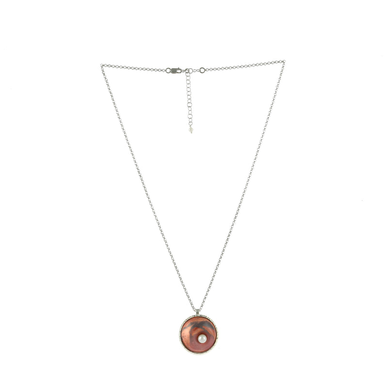 One-of-a-kind pendant necklace, hand fabricated from patinated copper encased in Argentium sterling silver and set with a white freshwater pearl.  Sterling silver rolo chain.  