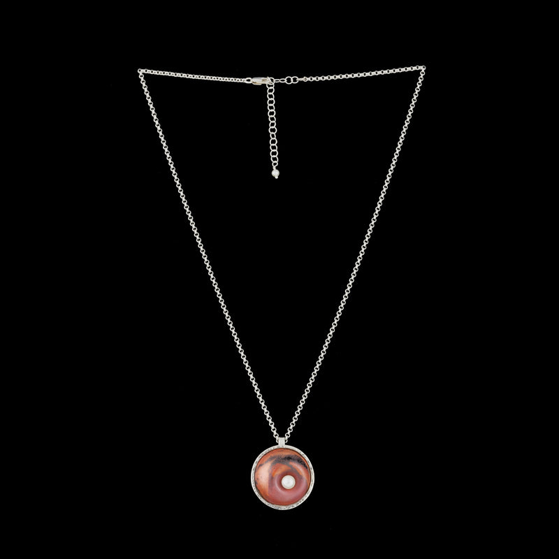 One-of-a-kind pendant necklace, hand fabricated from patinated copper encased in Argentium sterling silver and set with a white freshwater pearl.  Sterling silver rolo chain.  