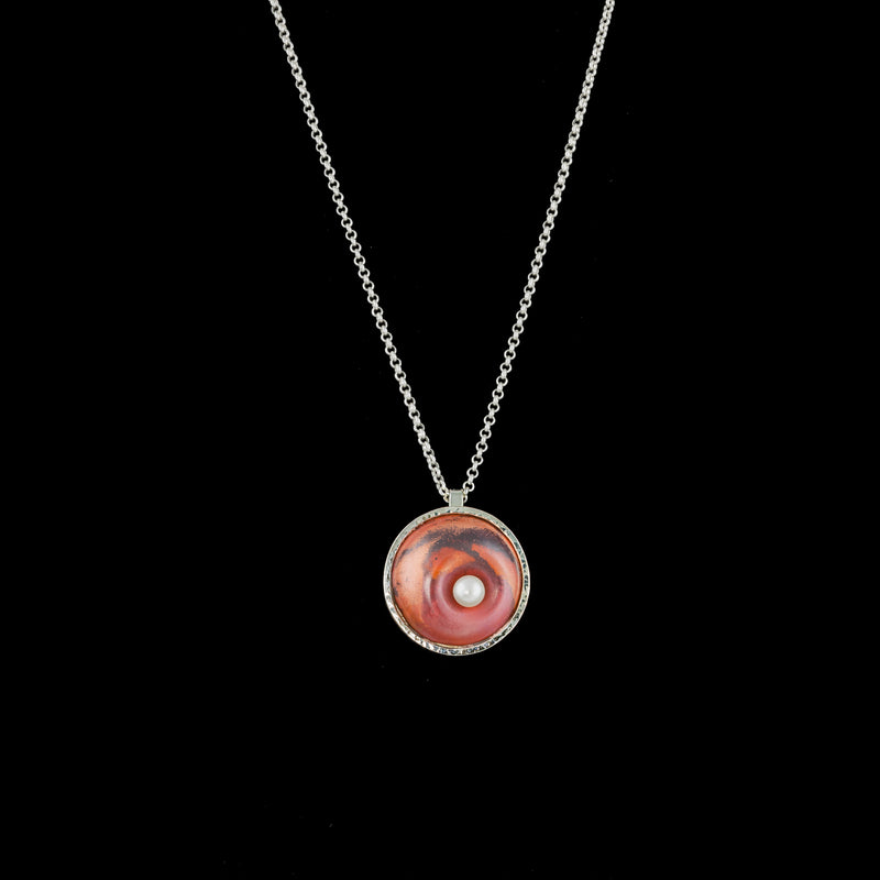 One-of-a-kind pendant necklace, hand fabricated from patinated copper encased in Argentium sterling silver and set with a white freshwater pearl.  Sterling silver rolo chain.  