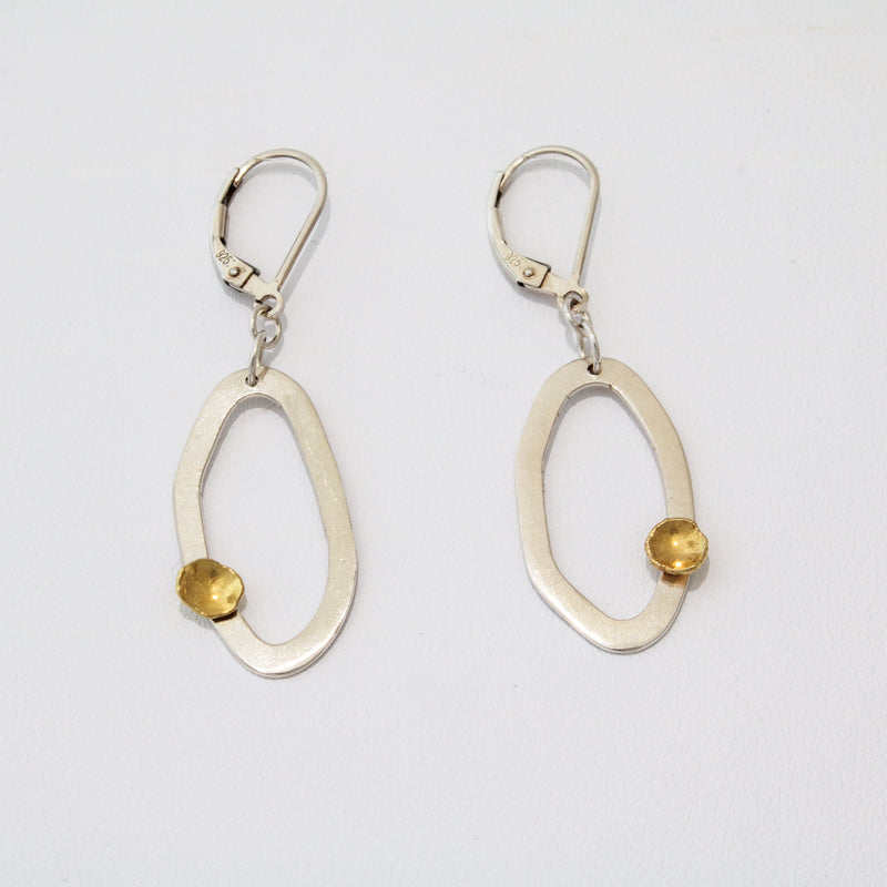 Modern, asymmetrical dangle earrings, handcrafted in Argentium sterling silver with 18K gold accents.