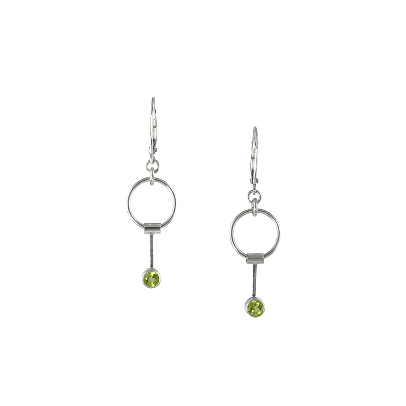 Contemporary dangle earrings, handcrafted in Argentium sterling silver and set with 4mm green peridots (August birthstone).  Sterling silver lever back ear wires.