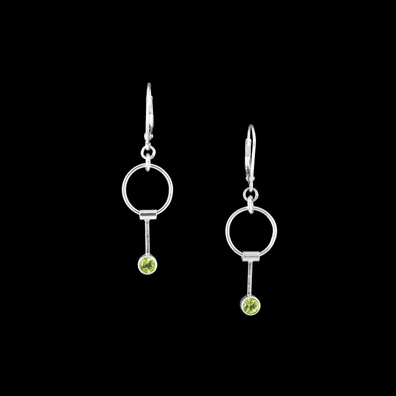 Contemporary dangle earrings, handcrafted in Argentium sterling silver and set with 4mm green peridots (August birthstone).  Sterling silver lever back ear wires.