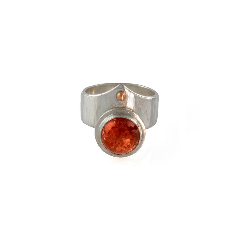 Unique statement ring, handcrafted from Argentium sterling silver and highlighted by a 10mm Oregon sunstone and a rose gold ball.