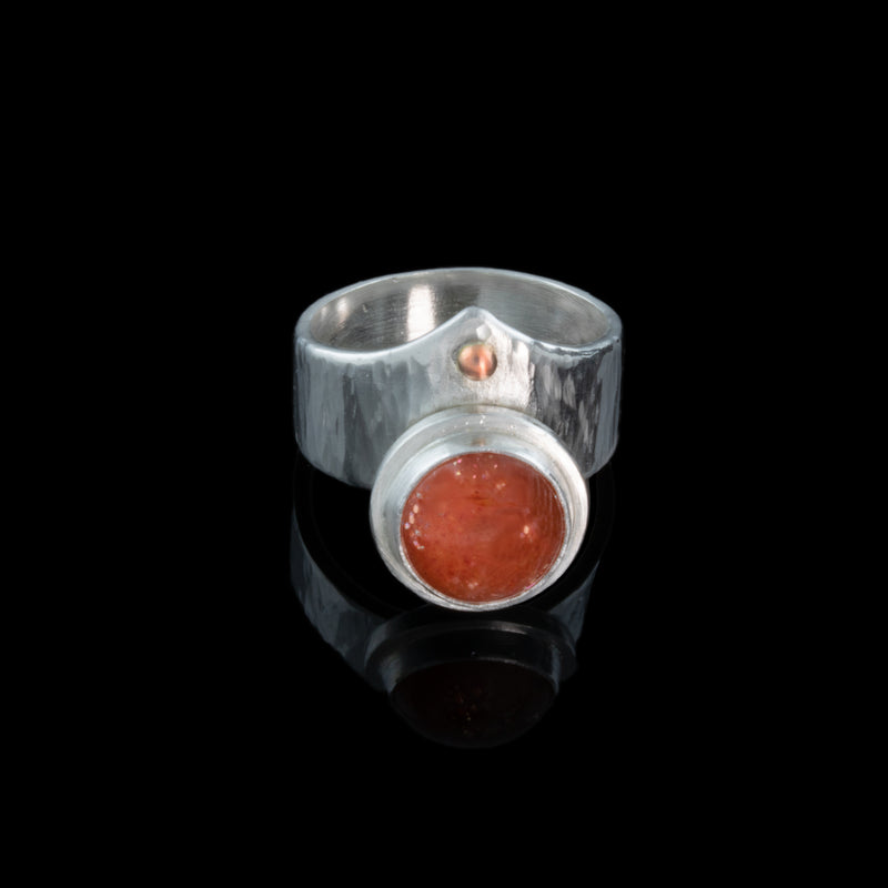 Unique statement ring, handcrafted from Argentium sterling silver and highlighted by a 10mm Oregon sunstone and a rose gold ball.